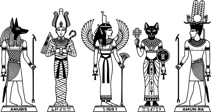 Ancient egyptian gods. Egyptian culture gods, Anubis, Osiris, Isis, Bastet and Amun Ra. Historical egyptian culture characters vector illustration set. Old painting style, religious elements