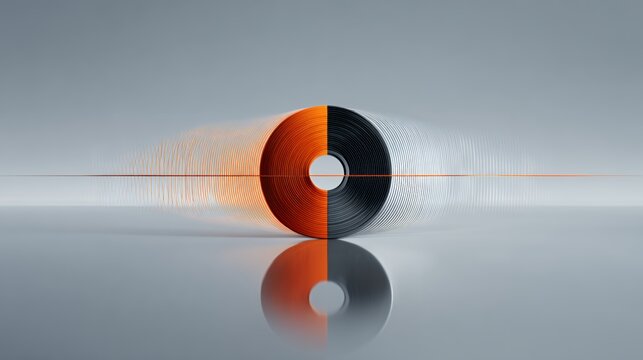 Abstract 3D coiled cylinder expanding horizontally into digital soundwaves in orange and black tones reflecting on a gray surface