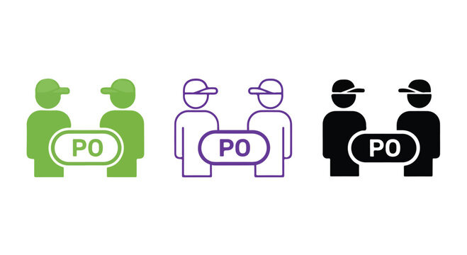 Order Processing Icon: Simple graphic icons representing order processing, with two figures and an 'PO' label in green, purple, and black.