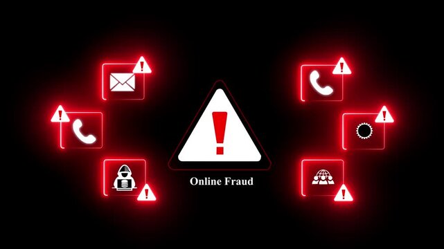 Glowing Neon Icons Representing Online Fraud Threats on Dark Background cyber security internet crime