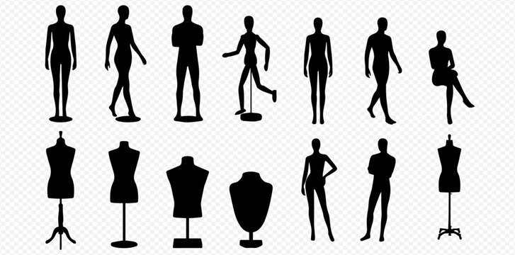 Set of various black mannequin silhouettes for fashion display and clothing retail.