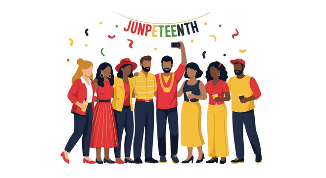 Juneteenth Celebration: A vibrant group of diverse individuals commemorates Juneteenth with joy and togetherness, celebrating freedom and heritage with festive decorations and happy smiles.