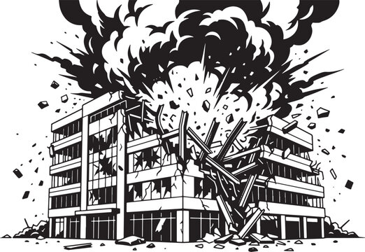 Multi-story office building exploding with smoke and debris