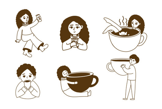 Cute coffee lover characters hand drawn doodle clipart set with cozy coffee moments