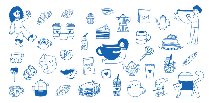 Cute Coffee and Bakery Doodle Clipart Set with Cats, Drinks and Breakfast Elements