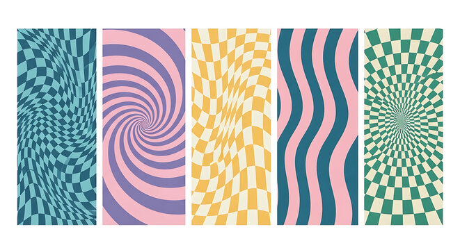 Set of five retro trippy patterns with wavy checks and swirl shapes checkerboard psychedelic colorful abstract distorted background aesthetic illustration