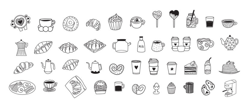 Cute coffee and breakfast doodle clipart collection with hand drawn cafe food icons