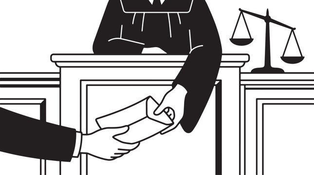Courtroom bribery with a judge taking an envelope over a podium