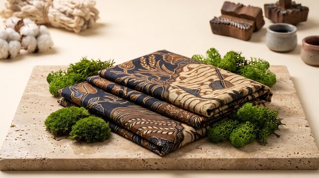 Traditional Indonesian Batik Cloth Folded on Stone with Green Moss