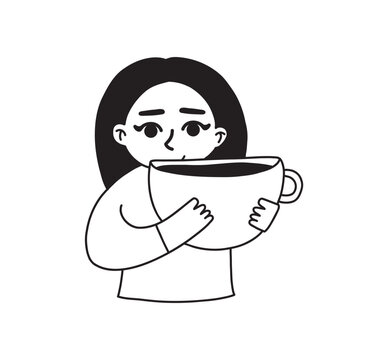 Cute girl holding a giant coffee cup hand drawn doodle character clipart