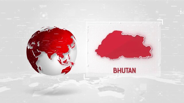Bhutan 4K Tech Map Beside Globe On White Background.