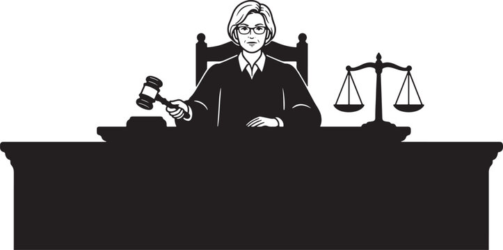 Female judge with gavel and scale of justice at courtroom bench