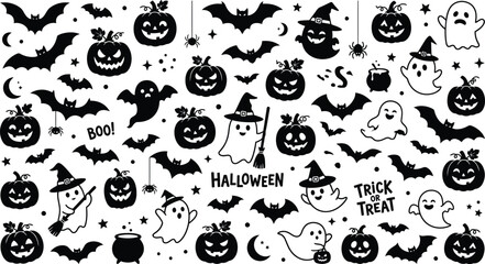 Fototapeta premium Happy helloween day festive halloween elements bats ghosts pumpkins spiders decorations