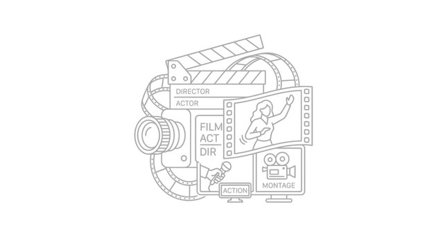 Filmmaking montage concept with camera, clapperboard, film reel, and director's chair.