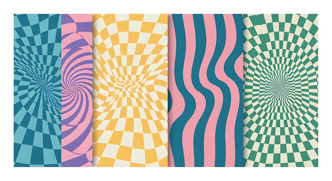 Collection of five colorful distorted checkerboard and psychedelic wave patterns with distorted checkerboard psychedelic background abstract geometric colorful illusion vertical creative