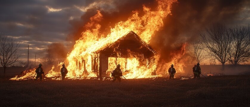Firefighters battle a raging house fire, the dramatic flames serving as a dangerous background for emergency response.