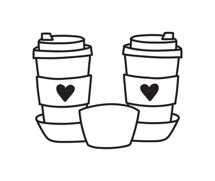 Cute takeaway coffee cups with muffin hand drawn doodle clipart
