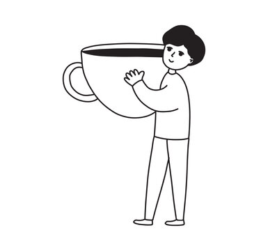 Cute boy holding a giant coffee cup hand drawn doodle character clipart