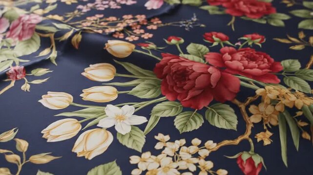 A close-up view of a fabric featuring a vibrant floral pattern with red roses, tulips, and other colorful flowers on a dark blue background.