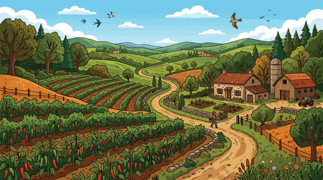 Organic Vegetable Farm Landscape with Winding Dirt Road Rural Farmhouse Barn and Green Rolling Hills View