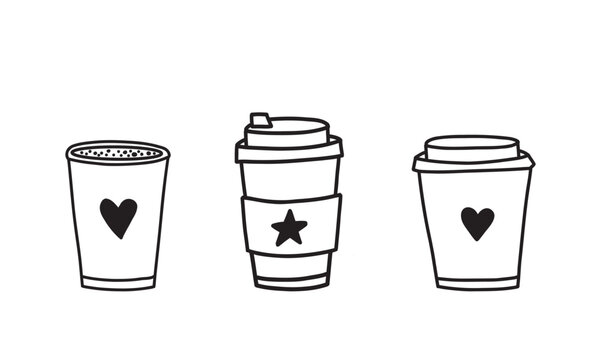 Cute Coffee To Go Cups Doodle Clipart Set with Hand Drawn Takeaway Coffee Mugs