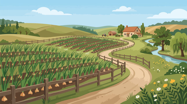 Beautiful Countryside Farm with Growing Onion Rows Winding Road and Small House by the River Nature Scenery Background