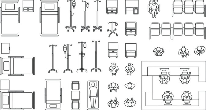 Interior cad block library, top view furniture layouts, office workstations, caf&eacute; tables, seating and plants for commercial space planning drawings