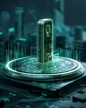 Futuristic digital interface with alien hologram on electronic circuit board for video game design