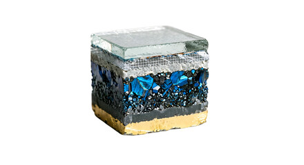 Obraz premium Isolated perovskite solar cell cube layered cross-section showing molecular crystalline structure brilliant iridescent blue and black photovoltaic coatings white background