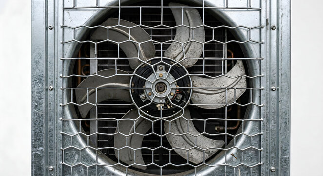Macro shot of a heat pump unit showing realistic fan blades behind a clean safety metal grille intricate industrial textures sharp focus