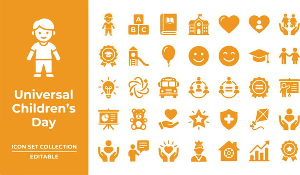 Childrens day icon set for education health and social welfare