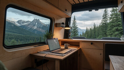 Obraz premium Remote work mountain view camper van digital nomad cozy interior wooden desk travel lifestyle nature landscape work from anywhere laptop computer Serene remote work mountain view camper van
