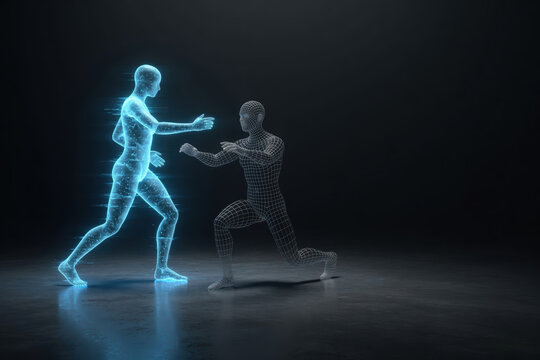Virtual human hologram wireframe digital combat futuristic technology virtual reality cyber concept glowing figure 3d render low light Virtual human hologram wireframe digital combat futuristic