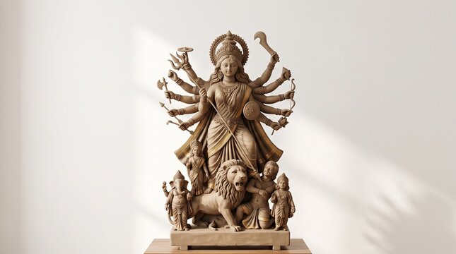Durga puja festival a clay sculpture of goddess durga with multiple arms riding a lion
