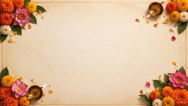 Durga puja celebration background with floral decorations and diyas