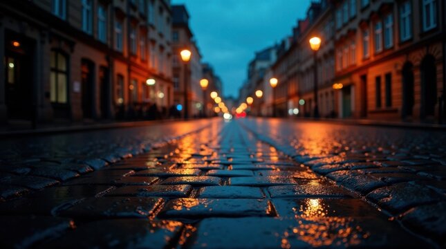 Calle empedrada empapada por la lluvia que refleja las c&aacute;lidas luces de la ciudad