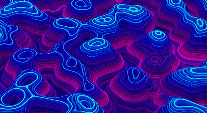 Abstract topographic map pattern in neon blue and pink hues with topographic abstract elevation landscape geography background geometry