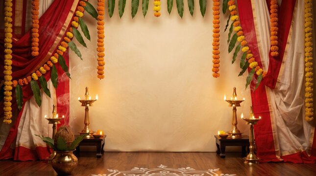 Durga puja decorations with marigold flowers and diyas indian festival setup