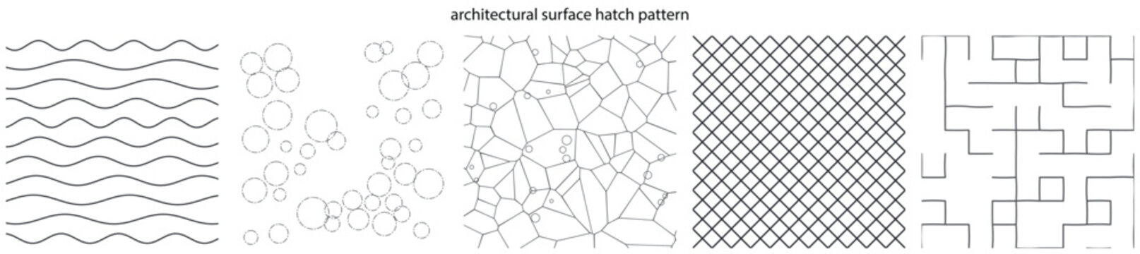 Collection of various architectural surface hatch patterns showing wave lines circles and grid structural line designs