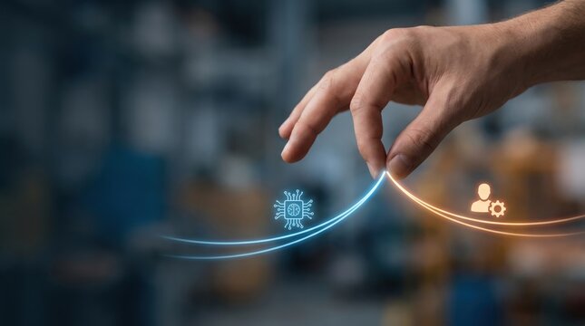 AI Skills Gap & Workforce Reskilling - A hand pulls together human and AI light paths, symbolizing collaboration and bridging the AI skills gap in a clean, minimal setting.