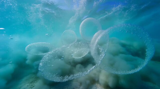 Underwater bubble rings rising in deep blue ocean water