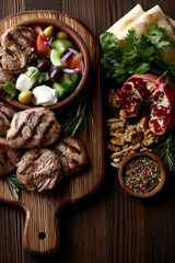 Fototapeta premium Grilled meat, Greek salad, pita bread, walnut, pomegranate, herb, and spice on rustic wooden table create vibrant Mediterranean meal