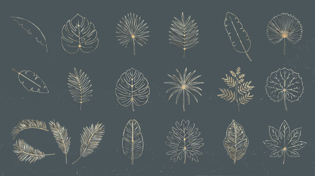 Luxury gold monoline tropical leaf icons sheet, elegant metallic wireframe botanical emblems bundle on emerald green background.