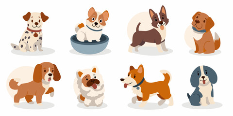 cartoon dogs collection in colorful vector style on white background dog breeds illustration canine puppy dalmatian beagle shiba inu corgi husky © Sanjit
