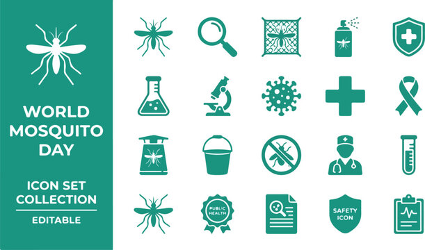 World mosquito day icon set for health and disease prevention