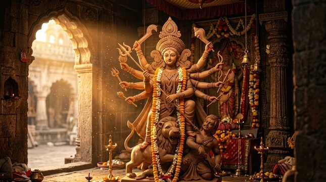Durga puja festival a stunning statue of goddess durga in traditional indian temple setting with floral garlands and ornate decorations