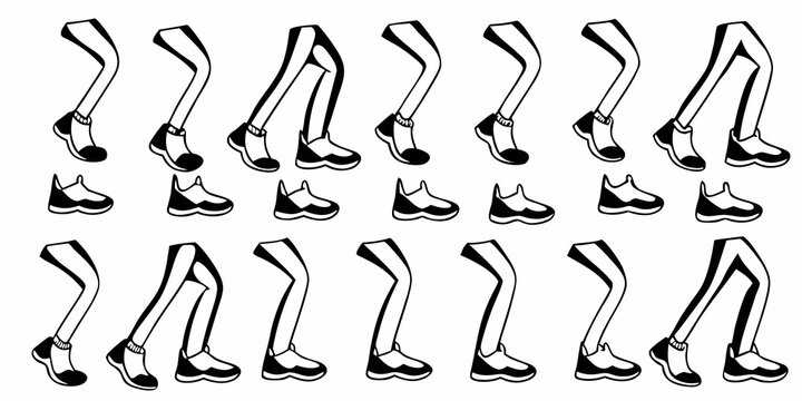 cartoon legs and feet in various dynamic poses black and white line art silhouette human limbs footwear shoes sketch vector illustration
