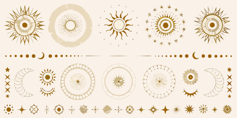 celestial gold dividers and circular frames featuring sun moon stars vector illustration astronomy cosmic ornament pattern design graphic art symbol icon © Sanjit