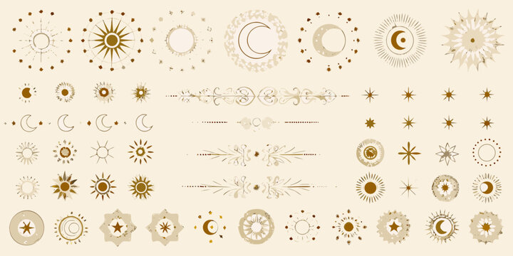 celestial gold dividers and circular frames featuring sun moon stars vector illustration astronomy cosmic ornament pattern design graphic element icon symbol