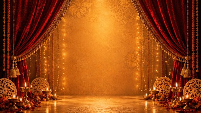 Durga puja festival decorations with traditional indian lights and red curtains